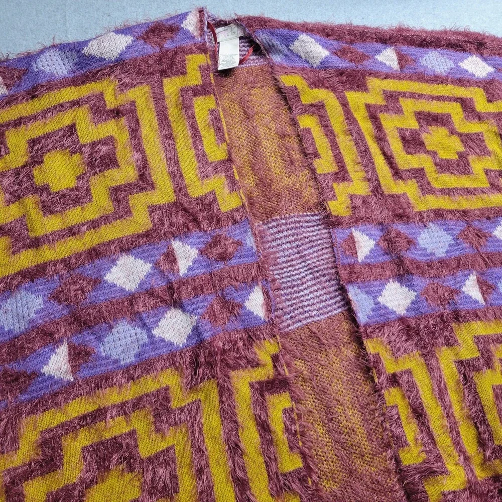 Free People Fuzzy Geometric Southwestern Fringe Poncho Wrap Purple Mustard OS